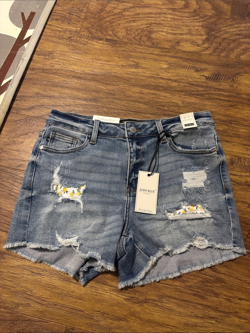 Judy Blue Distressed Blue Denim Shorts with Lemon Patch Details